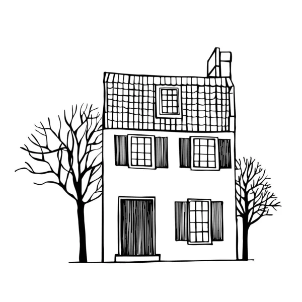 Casa de dos plantas con techo de baldosas. Dibujo vectorial ilustración . — Vector de stock