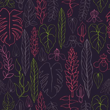 Elle çizilmiş tropik bitkiler. Yapraklar ve çiçekler