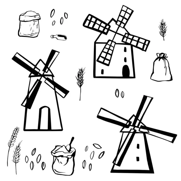 Ręcznie rysowane wiatraki. Ilustracja szkicu wektora. — Wektor stockowy