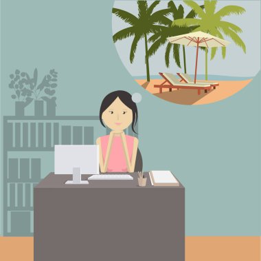 Ofis kızı denizi hayal eder. Yolculuğu bekliyorum. Vektör illüstrasyonu.