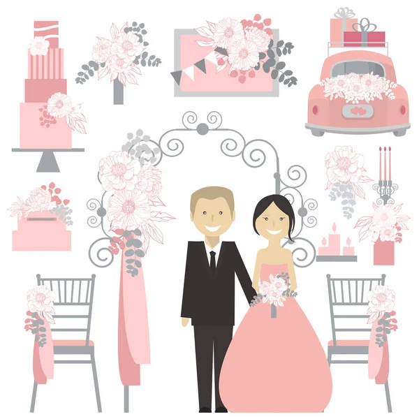 Noiva Noivo Arco Casamento Com Flores Casamento Recém Casado Flores —  Vetores de Stock
