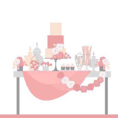 Pastalı ve çiçekli düğün çikolatası. Tatlı masası. Vektör illüstrasyonu.