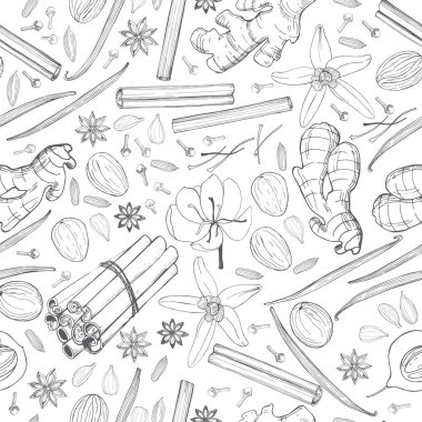 Tatlı olarak baharat ve pişirme. Kusursuz bir şekil. El çizimi çizimi çizimi