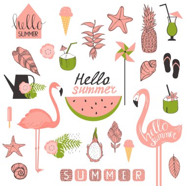 Flamingo, tropikal bitkiler ve dondurmayla yaz seti. Vektör illüstrasyonu.