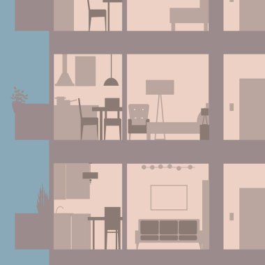 Apartman binası kesik. Modern iç mekan. Vektör illüstrasyonu