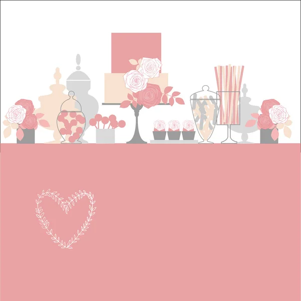 Hochzeitsschokoriegel Mit Kuchen Und Blumen Desserttisch Vorhanden Vektorillustration — Stockvektor