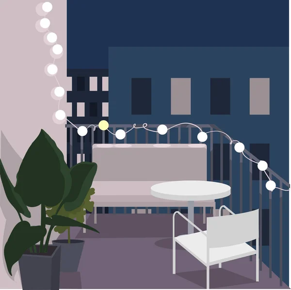 Balkon Malam Dengan Sofa Meja Dan Flowers Vector Ilustrasi - Stok Vektor