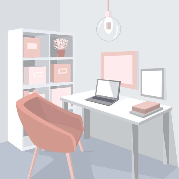 自宅のオフィスインテリア テーブルと椅子 ベクターイラスト — ストックベクタ