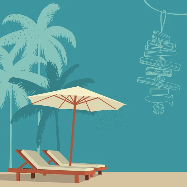 Salon Chaise Parasol Sur Plage Sable Illustration Vectorielle — Image vectorielle