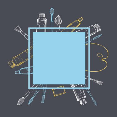 Sanatsal boya fırçaları ve boyalarla vektör çerçevesi.