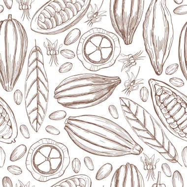 El yapımı kakao çekirdeği. Vektör dikişsiz desen..