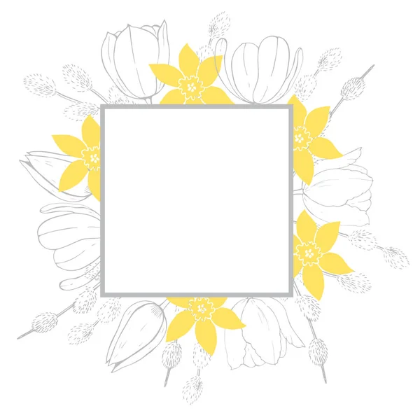 Cadre Floral Vectoriel Avec Fleurs Printanières Dessinées Main — Image vectorielle