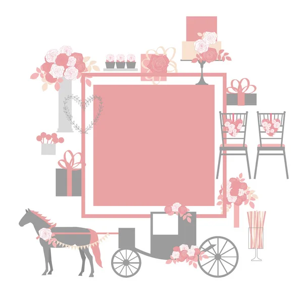 Wedding Carriage Flowers Cake Decoration Chairs Bridal Bouquet Vector Frame — Stock Vector
