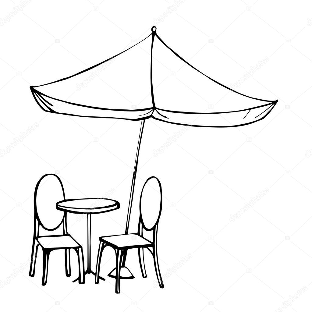 Table and chairs under sun umbrella. Vector sketch  illustration