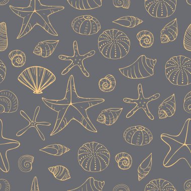 Deniz yıldızı ve deniz kabukları. Vektörsüz desen
