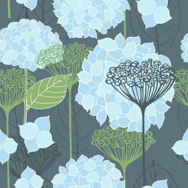 Çiçeklerle kusursuz bir desen. Mavi ortancalar