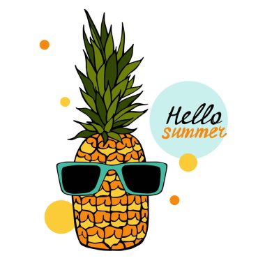 Ananas ve güneş gözlüğü. Merhaba yaz! Yaz vektörü illüstrasyonu