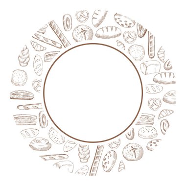 Ekmekle vektör çerçevesi. El çizimi illüstrasyon.