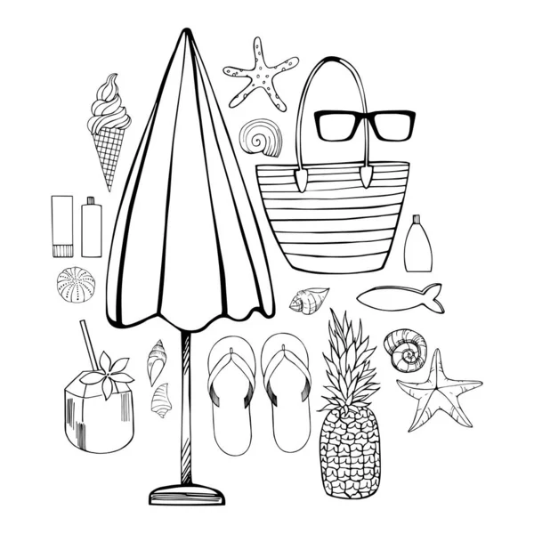 Vacances Été Parapluie Étoile Mer Tongs Lunettes Soleil Coquillages Illustration — Image vectorielle