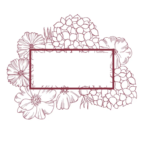 Floral Vektor Hintergrund Linienzeichnung Verschiedener Blumen Hortensien Kosmos Und Wildrose — Stockvektor