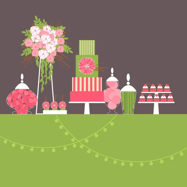 Barre Bonbons Mariage Avec Gâteau Fleurs Table Desserts Illustration Vectorielle — Image vectorielle