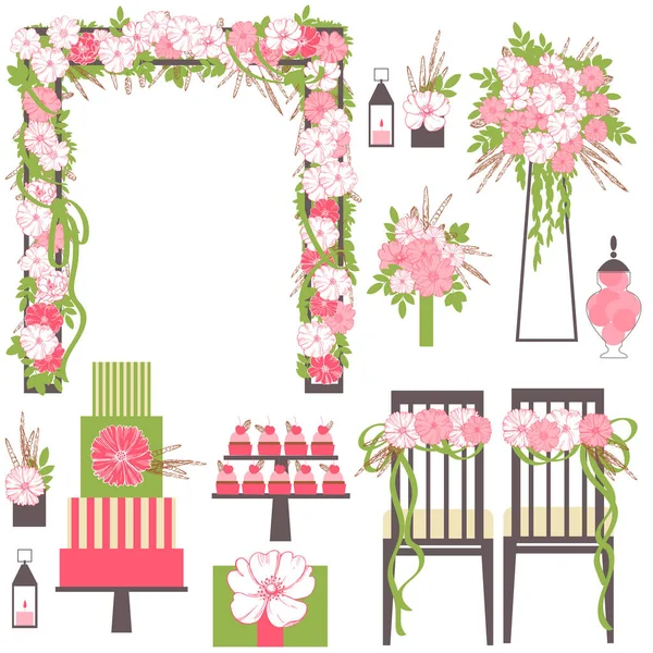 Düğün Çiçekleri Pasta Sandalyeler Için Dekorasyon Gelin Buketi Vektör Illüstrasyonu — Stok Vektör