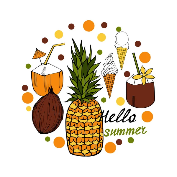 Hola Verano Ilustración Vectorial Verano Con Piña Coco Helado — Archivo Imágenes Vectoriales