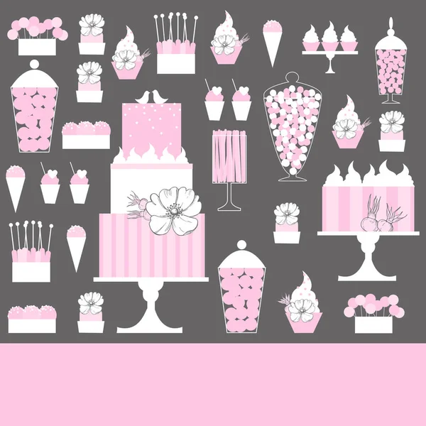 Barre Bonbons Mariage Avec Gâteau Table Desserts Fond Vectoriel — Image vectorielle