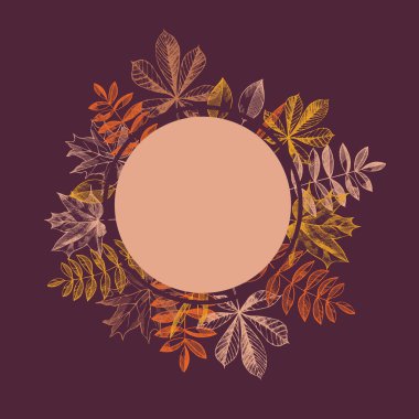 Elle çizilmiş sonbahar yapraklı vektör çerçevesi. Vektör illüstrasyonu. 