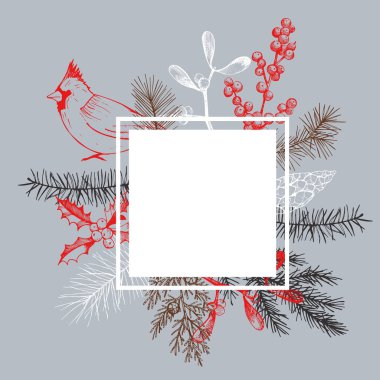  Kuşlu Noel çerçevesi ve Noel bitkileri. Vektör el çizimi illüstrasyon.