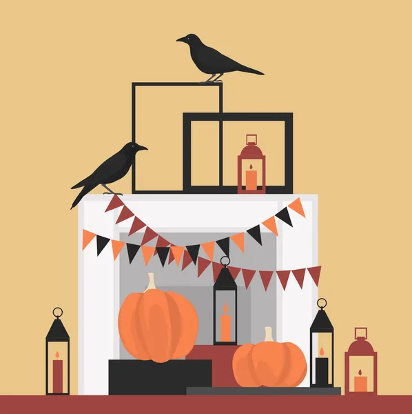 Decoração Halloween Para Casa Lareira Com Pássaros Abóboras Velas Decoração — Vetor de Stock