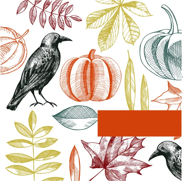 Fond Halloween Avec Corbeau Citrouilles Feuilles Illustration Vectorielle Dessinée Main — Image vectorielle