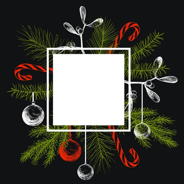 手描きのクリスマスの植物やボールとベクトルフレーム メリークリスマスグリーティングカードバナー招待状 スケッチベクトルイラスト — ストックベクタ