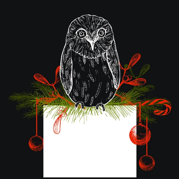 フクロウとクリスマスの背景 ベクトル手描きイラスト — ストックベクタ