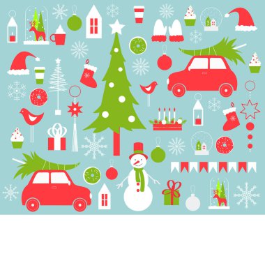 Kardan adam, araba ve Noel ağacı olan bir Noel vektörü.