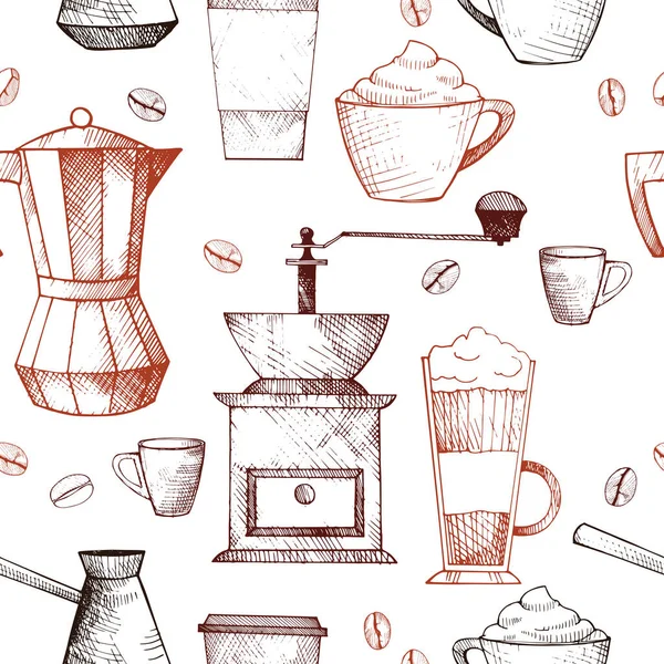 Wektor Bezszwowy Wzór Kawy Ręcznie Rysowana Ilustracja — Wektor stockowy