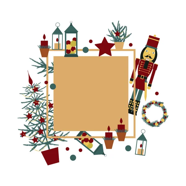 Set Natale Con Schiaccianoci Albero Natale Stelle Lanterne — Vettoriale Stock