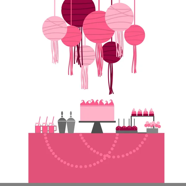 Dessert Table Paper Lanterns Candy Bar Cake Vector Illustration — Stock Vector