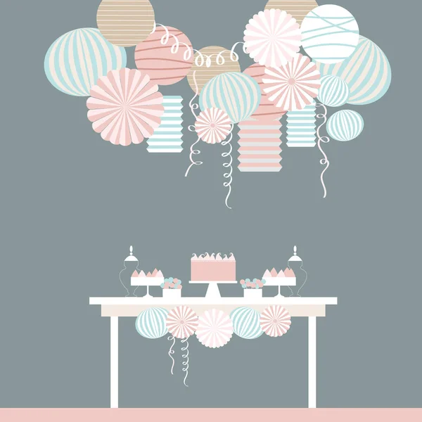 Dessert Table Paper Lanterns Candy Bar Cake Vector Illustration — Stock Vector