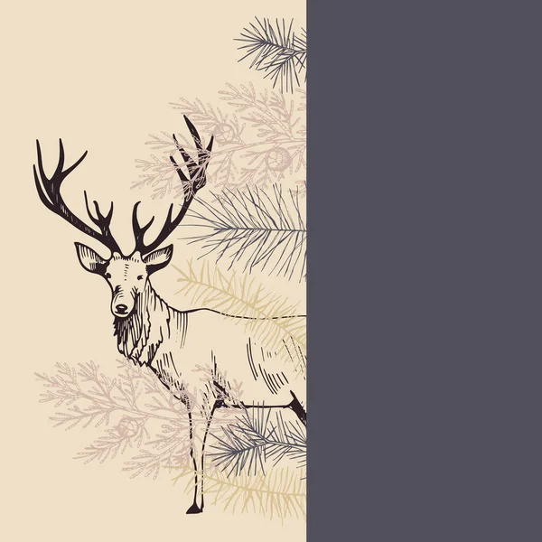 鹿とクリスマスの植物とベクトルの背景 手描きのスケッチイラスト — ストックベクタ