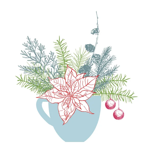 Різдвяні Рослини Чашці Векторна Мальована Ілюстрація — стоковий вектор