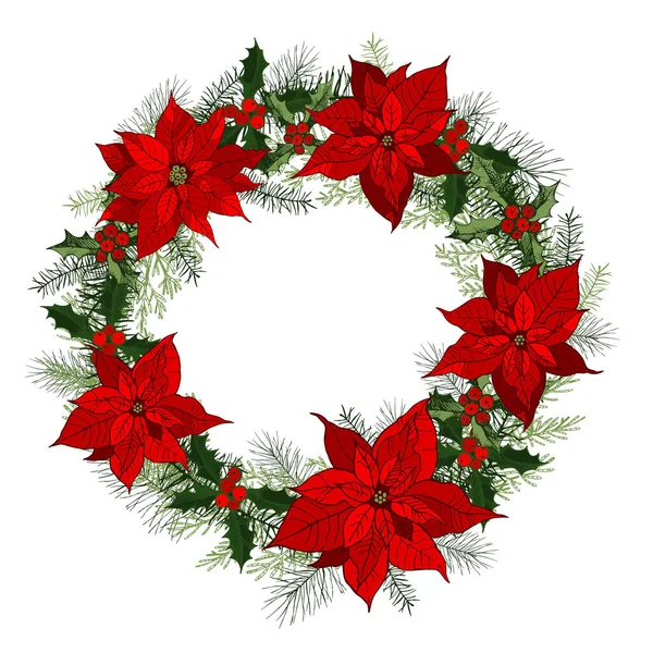 Traditional Classic Christmas Wreath Poinsettias Vector Hand Drawn Illustration — Stock Vector