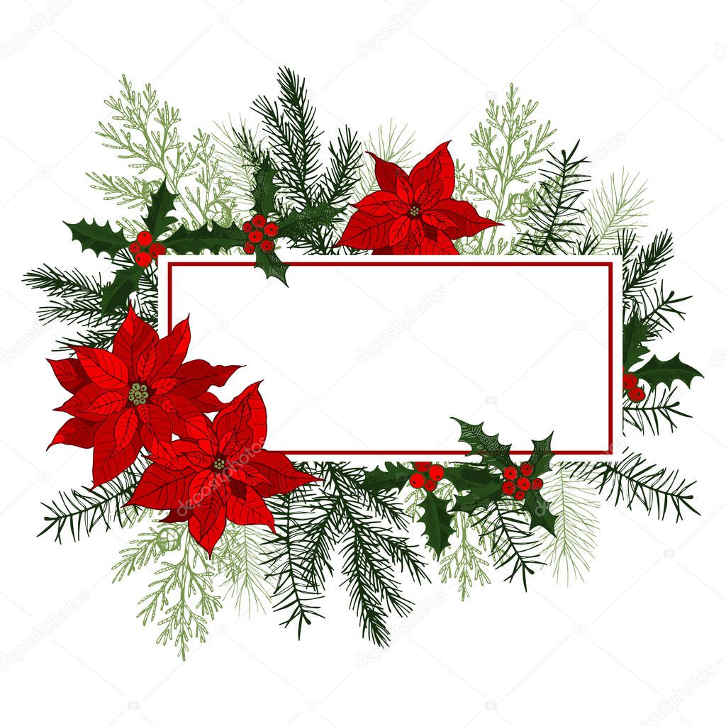 Vector frame with Christmas plants. Hand-drawn illustration.