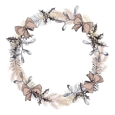 Fiyonklu Noel çelengi. Vektör el çizimi illüstrasyon.