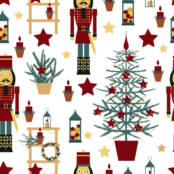 Patrón Sin Costuras Navidad Con Cascanueces Árbol Navidad Estrellas Linternas — Archivo Imágenes Vectoriales