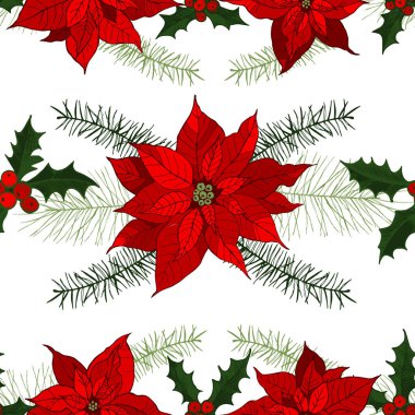 Elle çizilmiş Noel bitkileriyle kusursuz bir desen. .  