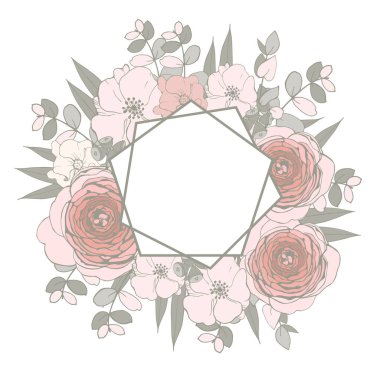 Çiçekli düğün davetiyesi, pembe çiçekler ve okaliptüs yaprakları. Vektör illüstrasyonu