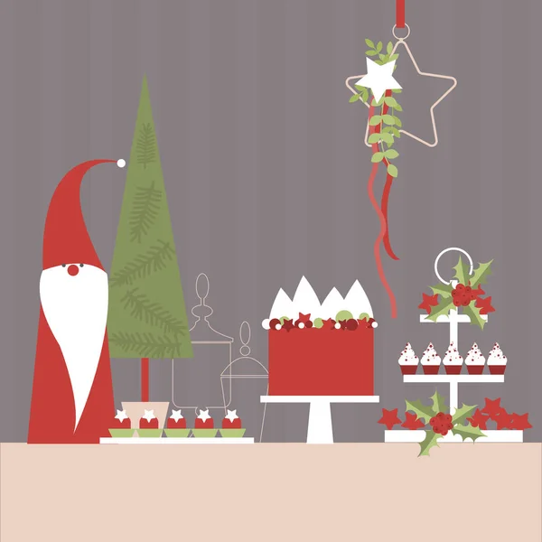 Weihnachtsdesserttisch Mit Elfe Und Weihnachtsbaum Vektorillustration — Stockvektor
