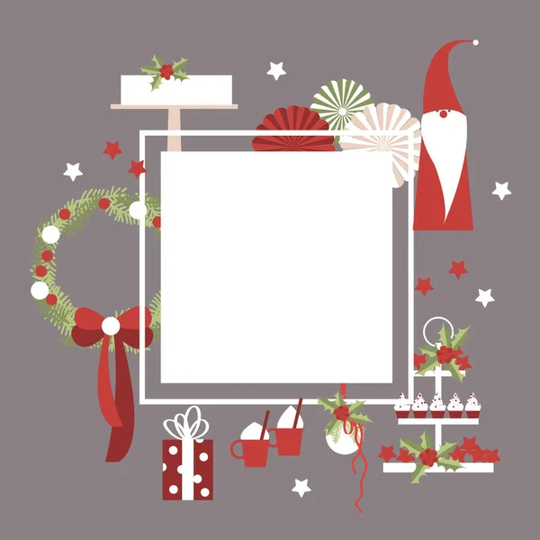 Cadre Vectoriel Avec Couronne Noël Gâteau Cadeau Elfe — Image vectorielle