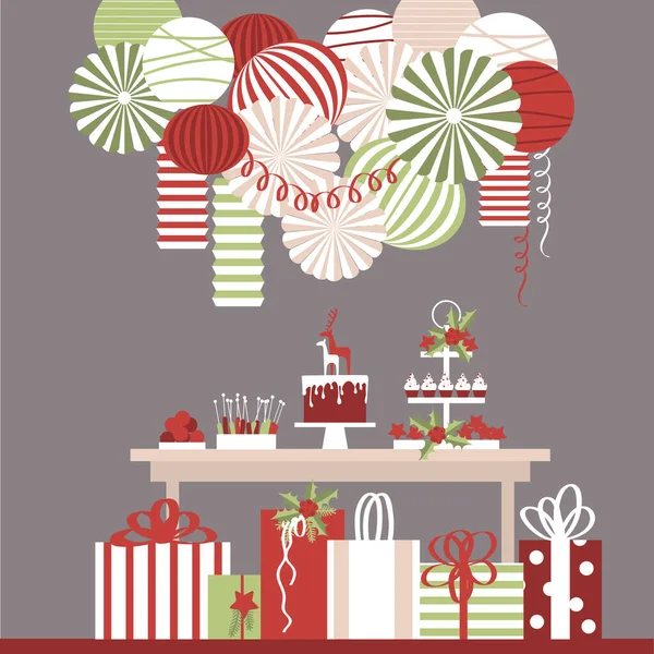 Різдвяний Десертний Стіл Тортом Подарунками Буфет Цукерок Векторні Ілюстрації — стоковий вектор